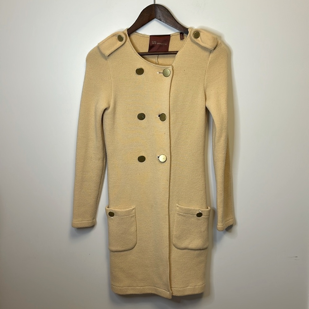 525 America Long Cream Cardigan Sweater pockets gold buttons wool